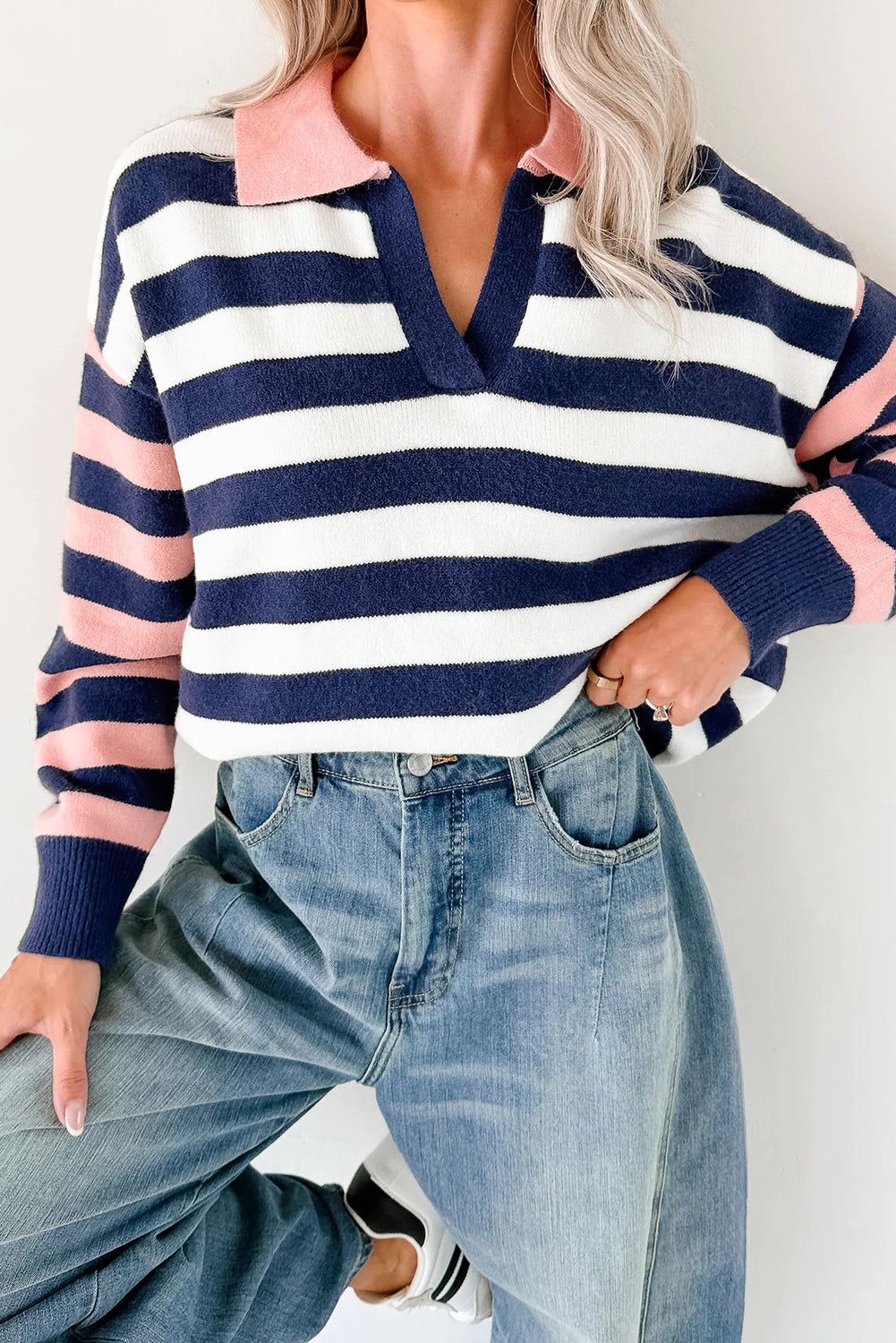 Blue Stripe Drop Shoulder Color Block Sleeve Polo Collar Knit Sweater