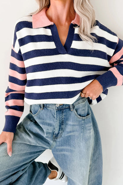 Blue Stripe Drop Shoulder Color Block Sleeve Polo Collar Knit Sweater