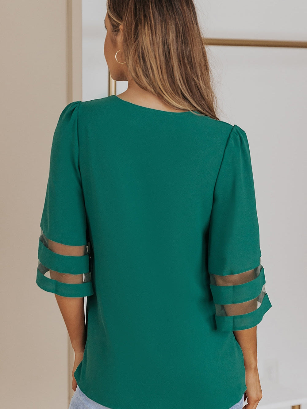 Green Sheer Flare Sleeve V Neck Casual Blouse