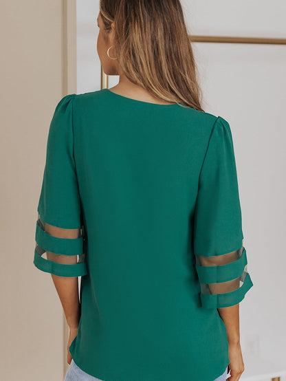 Green Sheer Flare Sleeve V Neck Casual Blouse