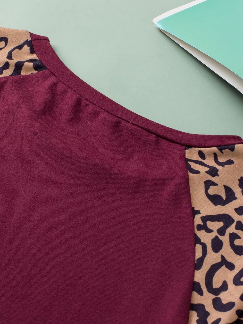 Leopard Print Raglan Sleeve Burgundy Plus Size Tee