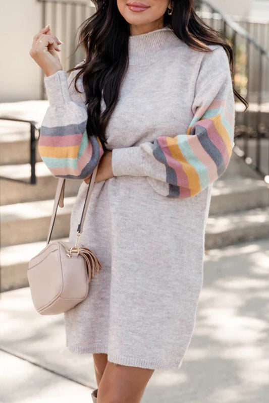 Light Grey Striped Detail Puff Sleeve High Neck Shift Mini Sweater Dress