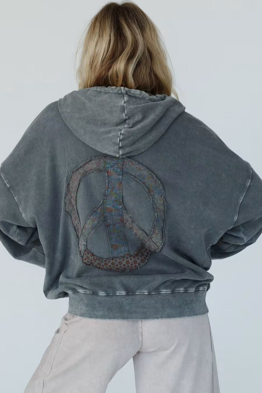 Dark Grey Mineral Wash Button Drawstring Neck Hooded Sweatshirt