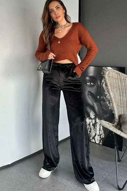 Black Shiny Velvet Drawstring High Waist Straight Leg Casual Pants