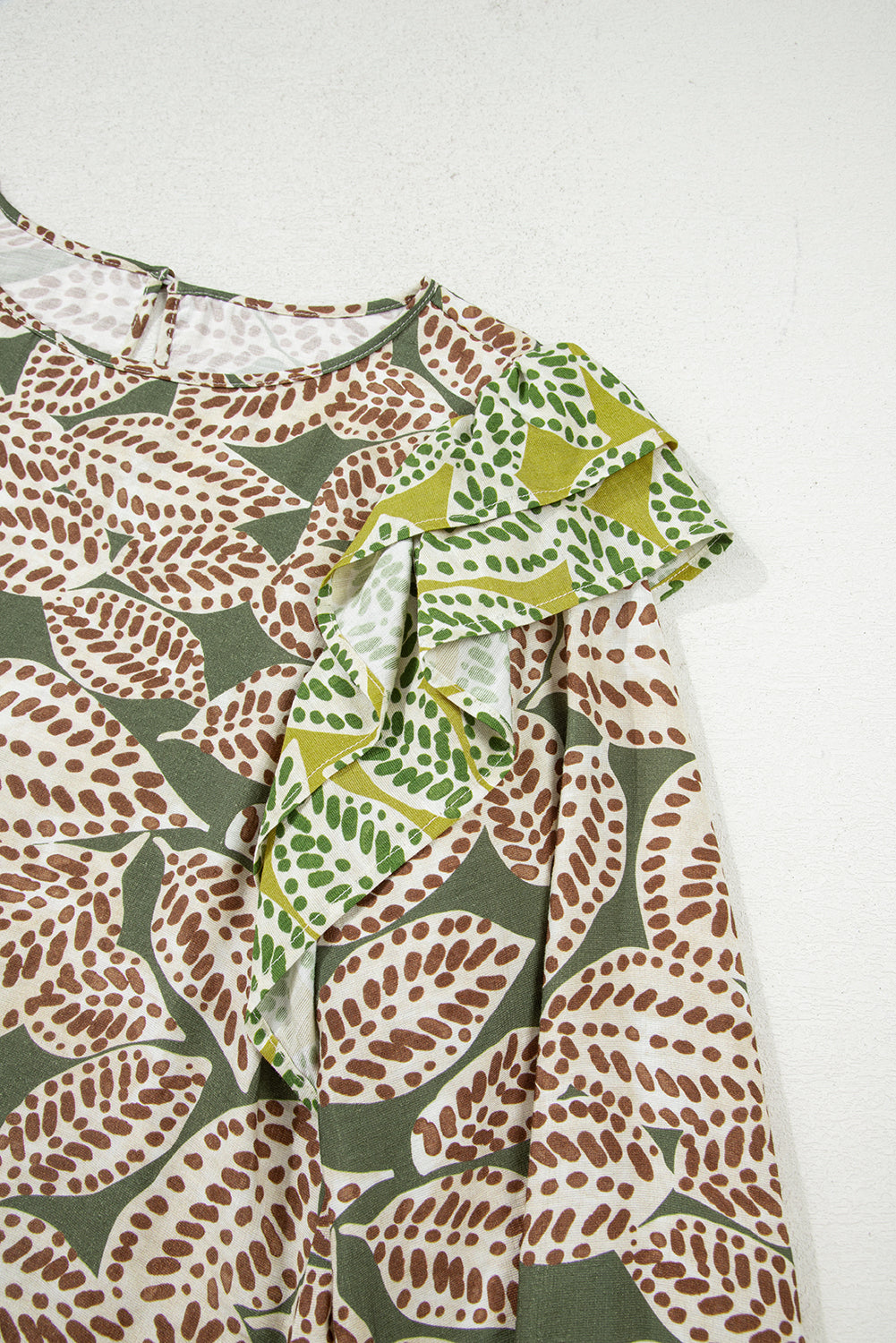 Green Abstract Leafy Print Contrast Ruffle Trim Long Sleeve Blouse