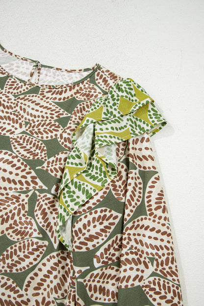 Green Abstract Leafy Print Contrast Ruffle Trim Long Sleeve Blouse