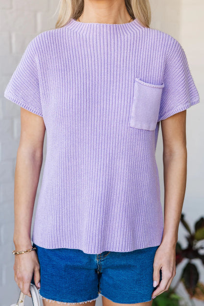 Lavendula Mineral Wash Ribbed Knit Patched Pocket Short Sleeve Loose Sweater