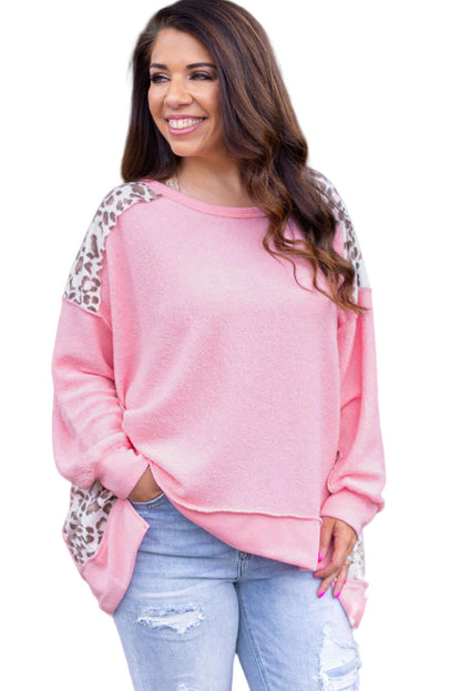 Pink Leopard Patchwork Plus Size Sweatshirt with Exposed Seams