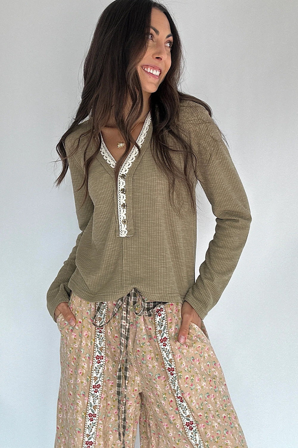 Sage Green Ribbed Knit Long Sleeve Lace Trim V Neck Buttoned Pullover Top