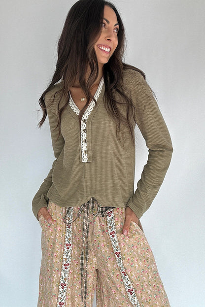 Sage Green Ribbed Knit Long Sleeve Lace Trim V Neck Buttoned Pullover Top