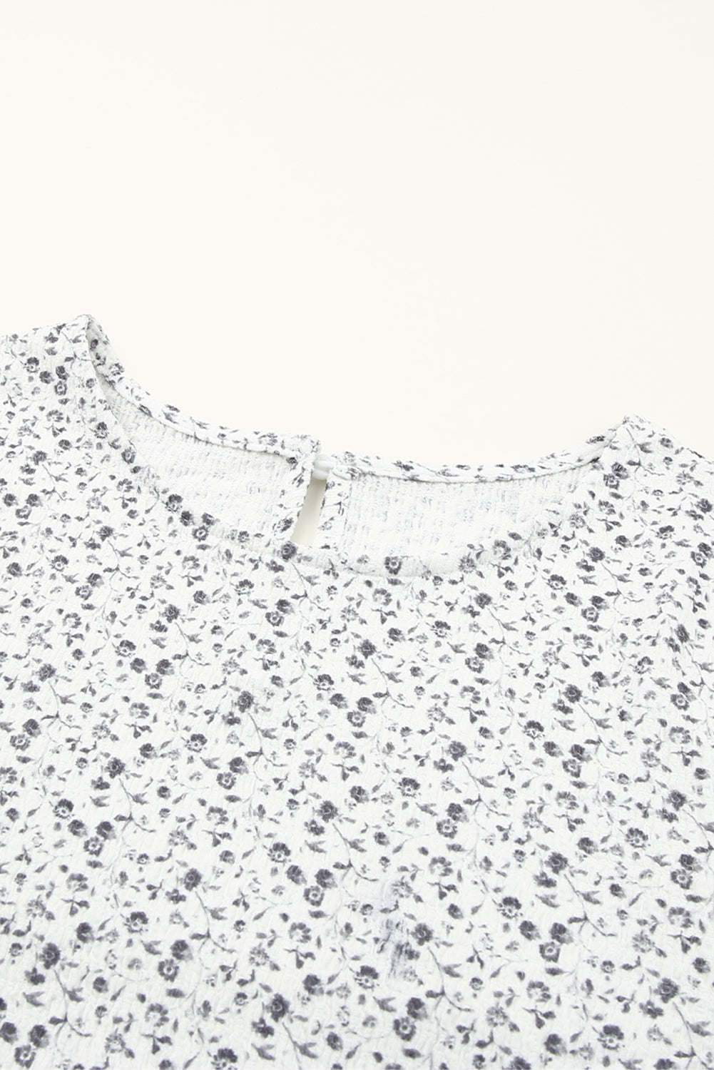 Floral Print Bubble Sleeve Black Blouse with Crinkle Texture