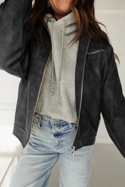 Carbon Grey Vintage Faux Leather Button Pleated Cuffs Zip Up Jacket
