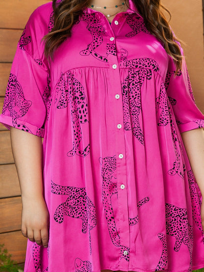 Rose Cheetah Print Half Sleeve Buttoned Plus Size Mini Dress
