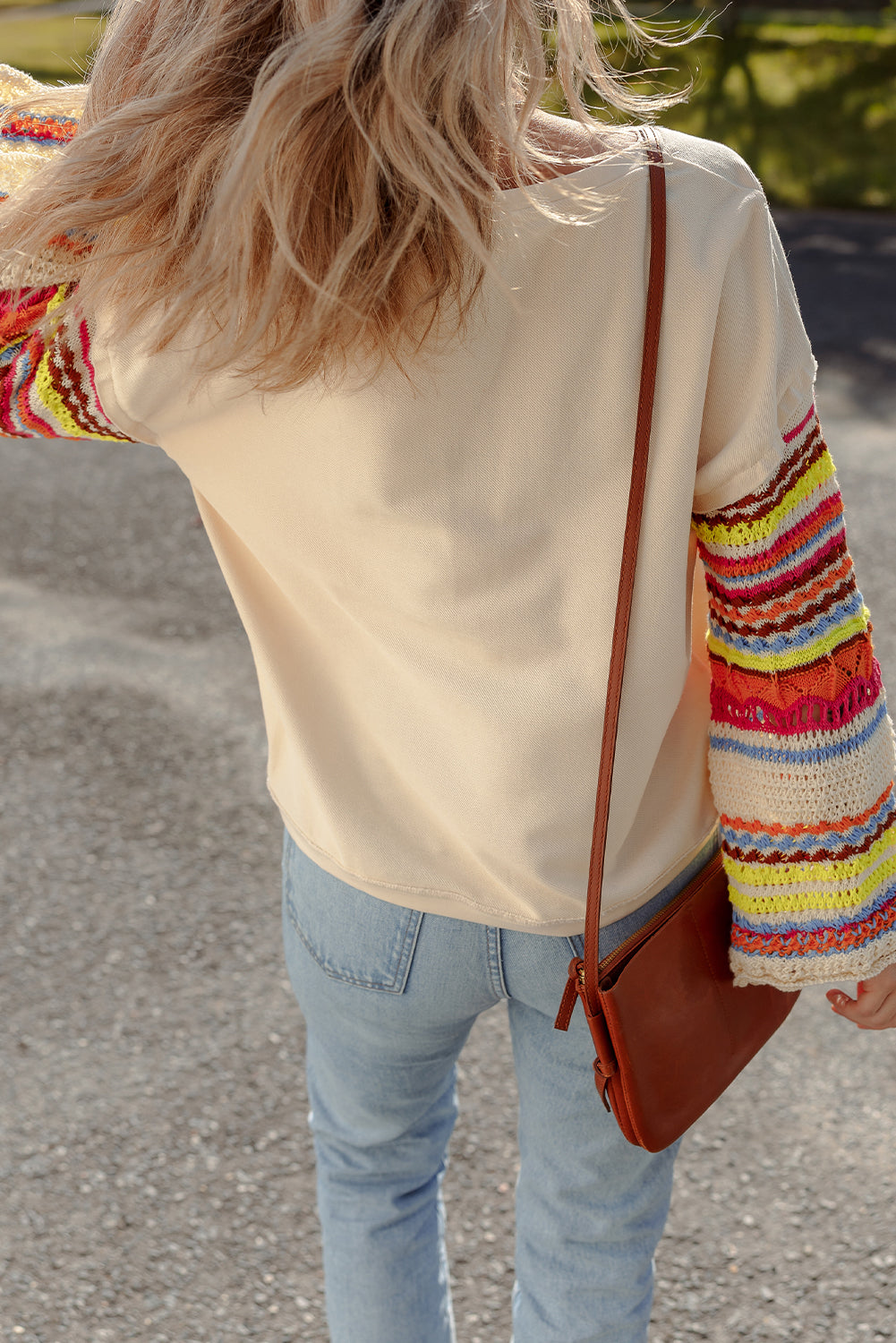 Beige Round Neck Colorful Knit Sleeve Patchwork Top