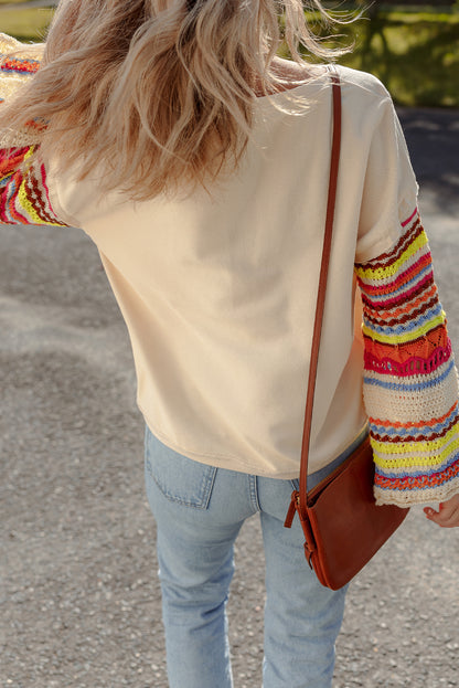 Beige Round Neck Colorful Knit Sleeve Patchwork Top