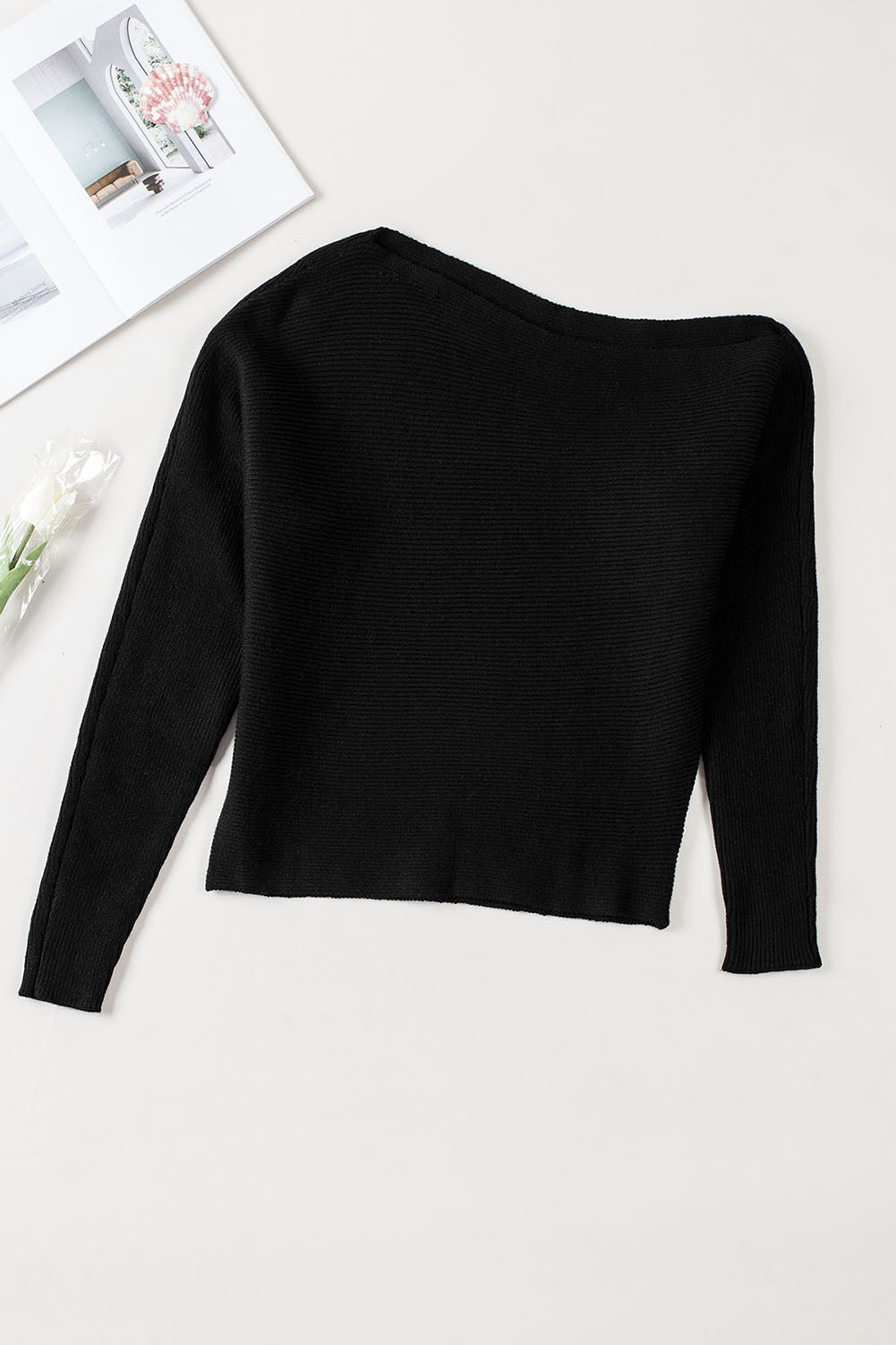 Elegant Off-The-Shoulder Black Knit Sweater