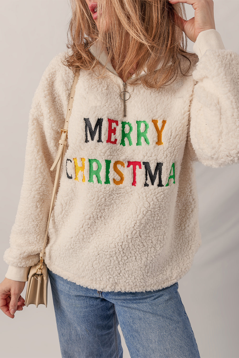 Jet Stream MERRY CHRISTMAS Colorful Letter Embroidery Quarter Zip Sherpa Sweatshirt