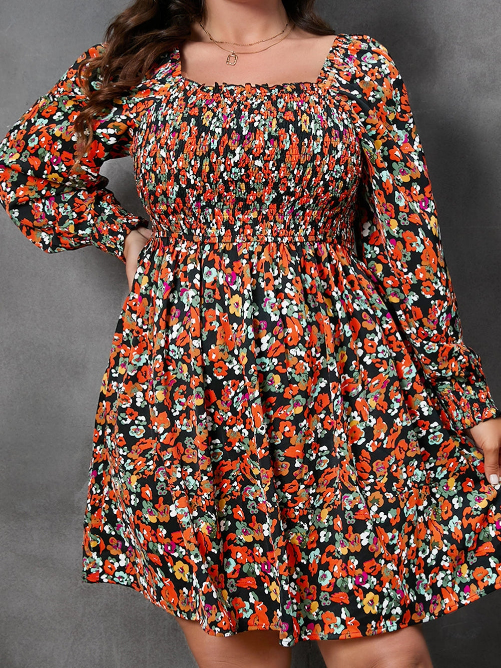 Multicolored Smocked Floral A-Line Dress with Long Sleeves