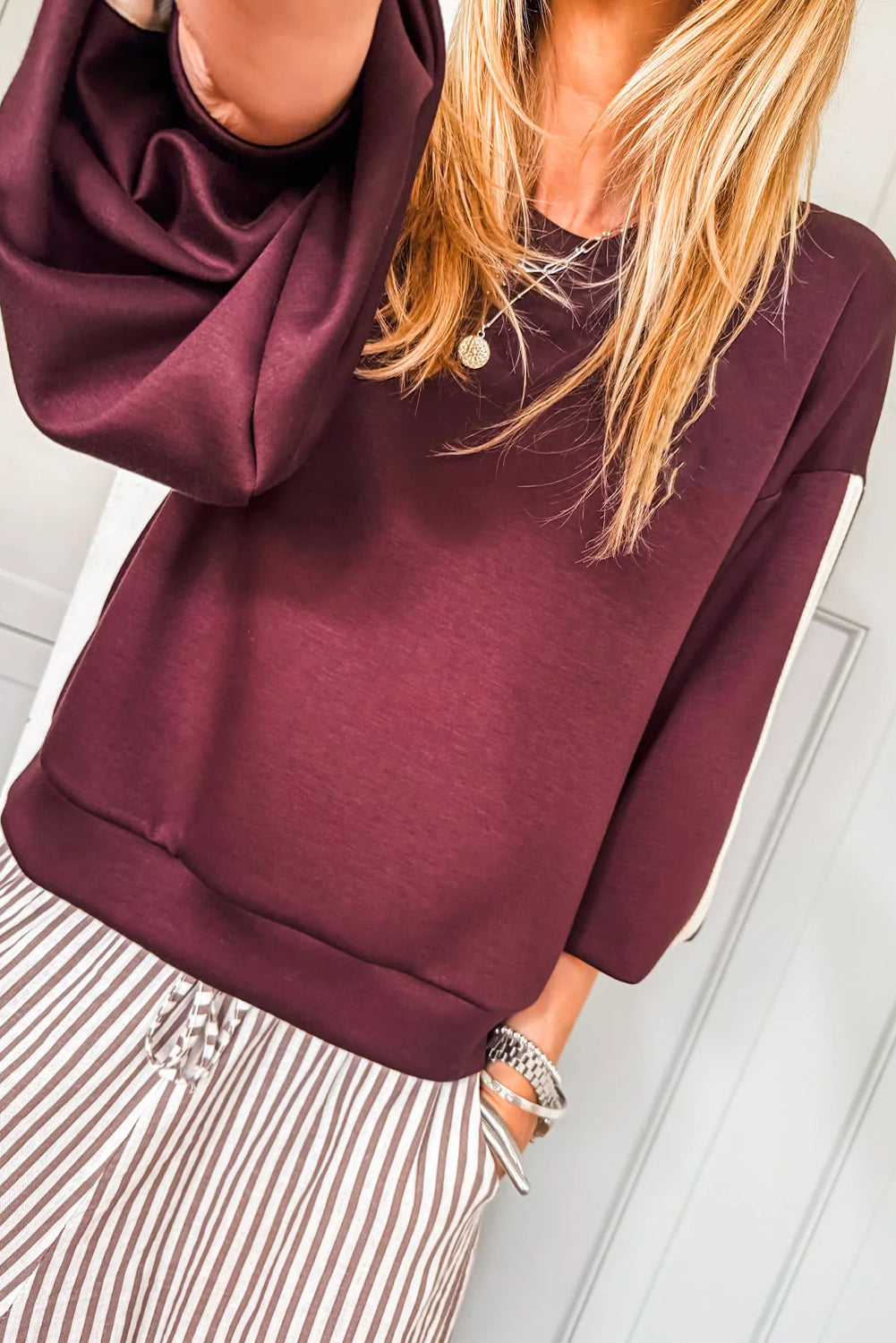 Burgundy Side Stripe Varsity Sweatshirt