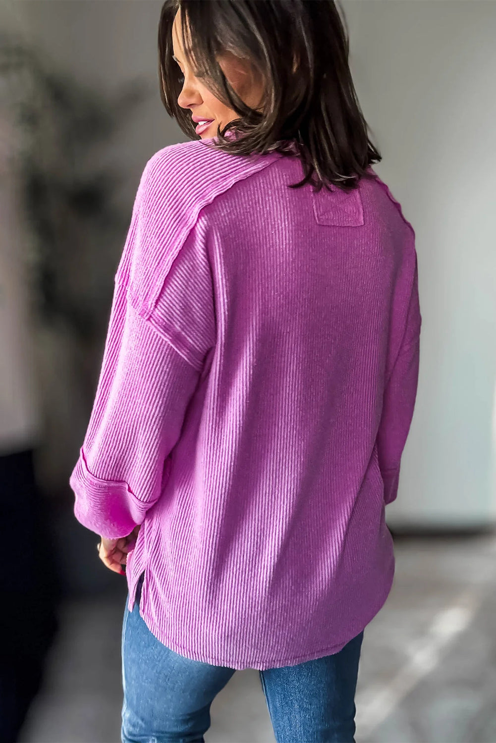 Sachet Pink Brushed Ribbed Knit Exposed Seam Drop Shoulder Henley Top