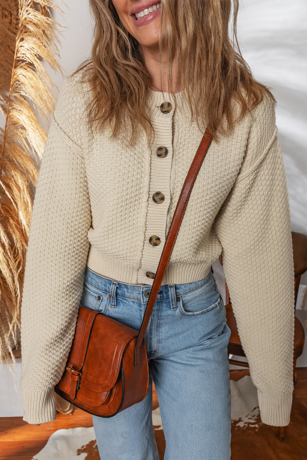 Beige Button Front Cropped Cardigan Sweater