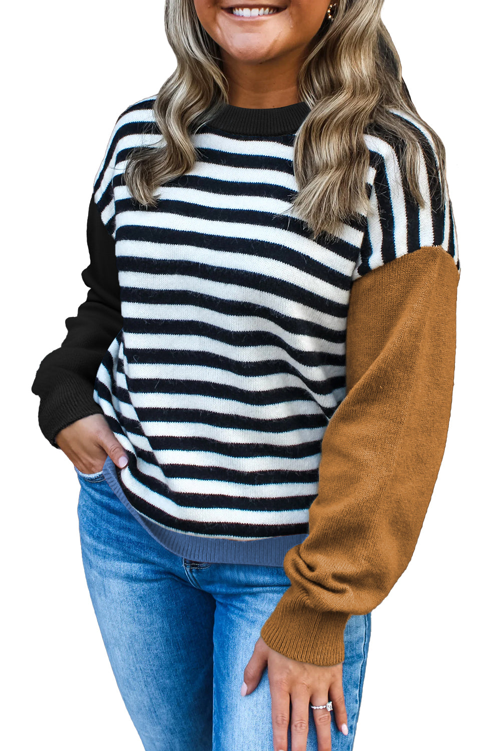 Khaki Striped Panels Colorblock Sleeve Chic Sweater