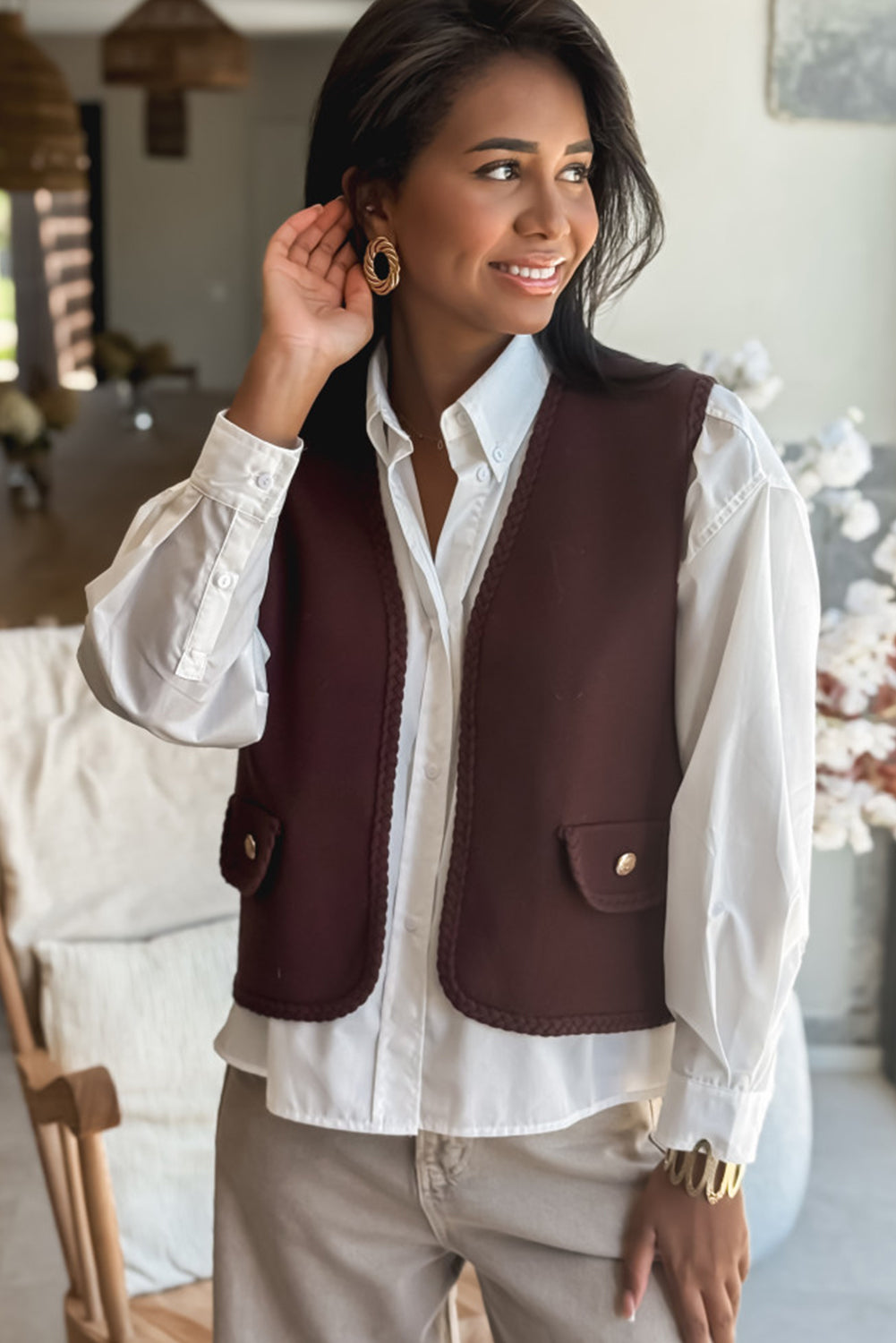 Coffee Braided Trim Open Front Vest