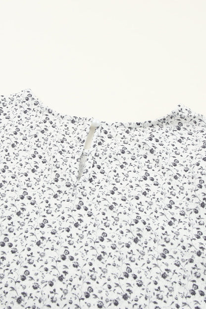 Floral Print Bubble Sleeve Black Blouse with Crinkle Texture