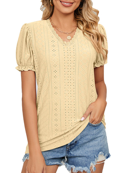 T-Shirts - Solid Color Lace Stitching Hollow V-Neck T-Shirt - MsDressly