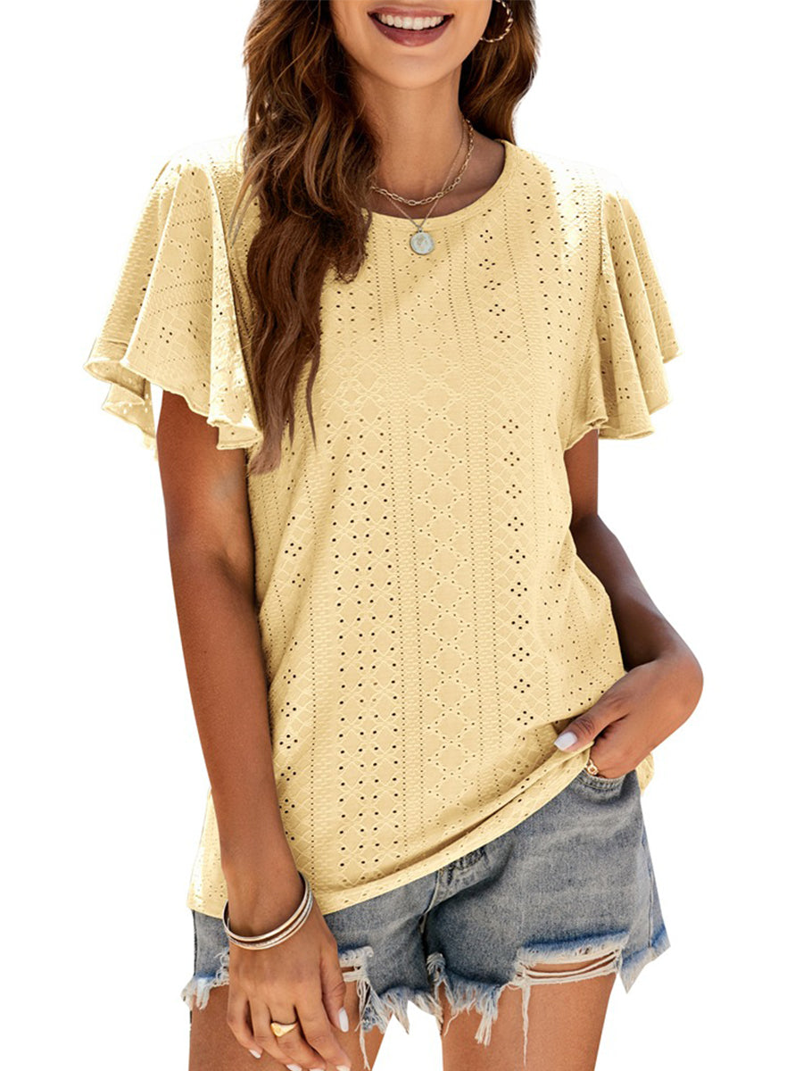 T-Shirts - Hollow Ruffle Sleeve Casual Round Neck T-Shirt - MsDressly
