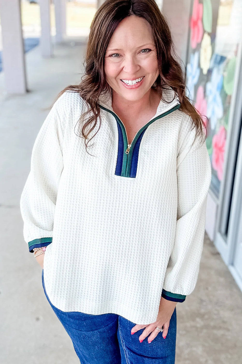 White Waffle Textured Contrast Polo Neck Zip up Jumper