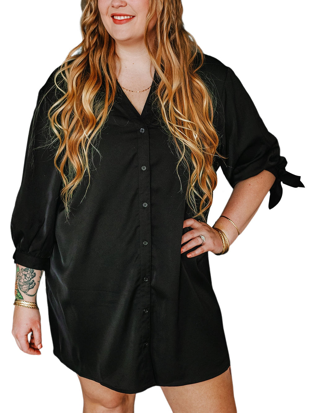 Black Plus Size Tie Cuffs V Neck Shirt Dress