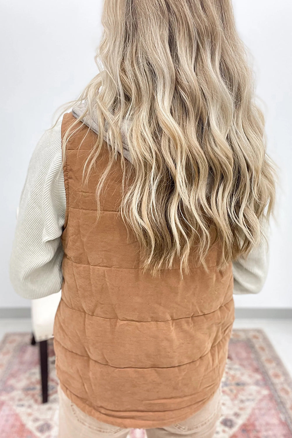 Buckskin Quilted Texture Color Block Hooded Patchwork Snap Button Vest