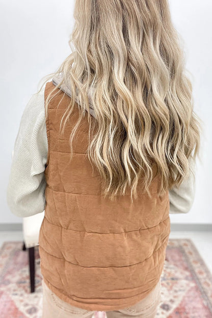 Buckskin Quilted Texture Color Block Hooded Patchwork Snap Button Vest