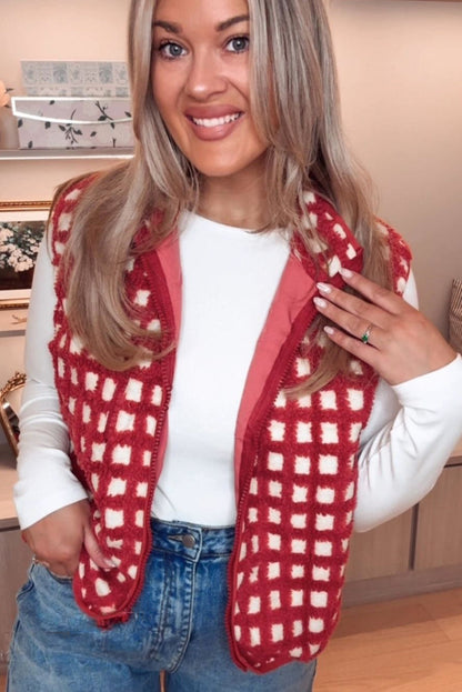 Red Checkered Texture Plush Zip Up Winter Vest