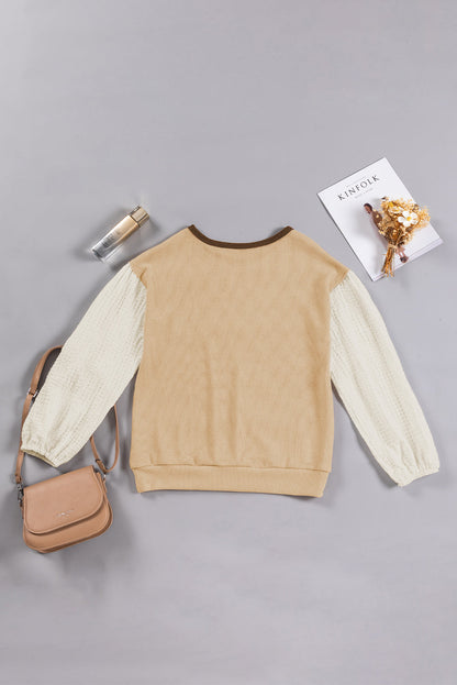 Gray Patchwork Puff Sleeve Crew Neck Top with Textured Detail