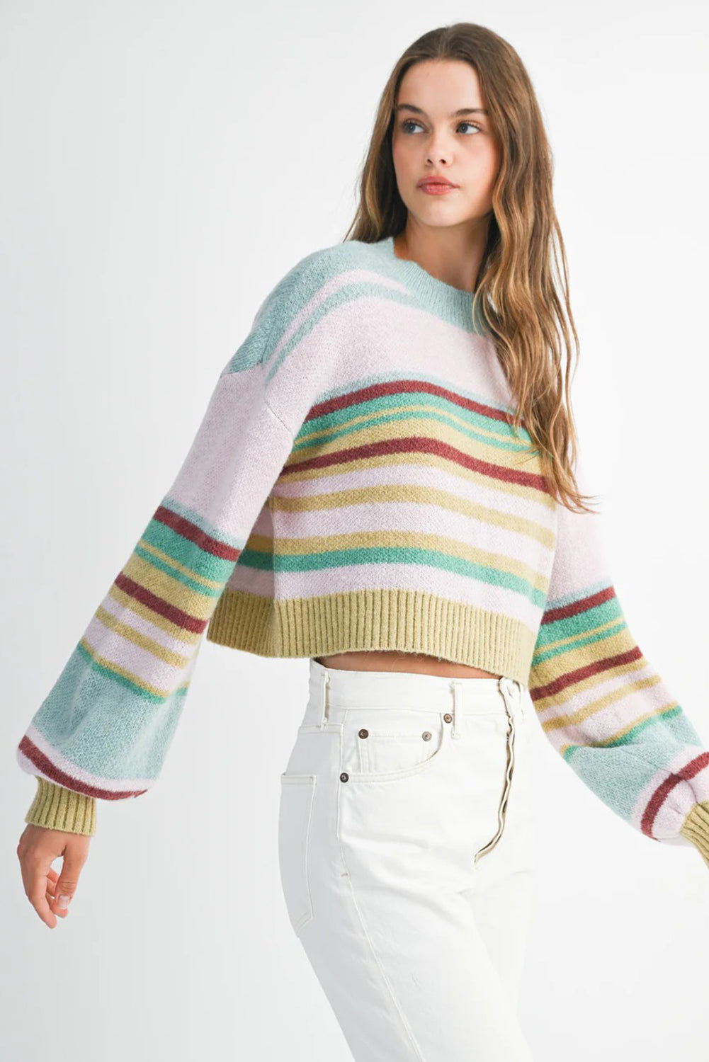 Multicolour Striped Knit Ribbed Trim Cropped Baggy Sweater