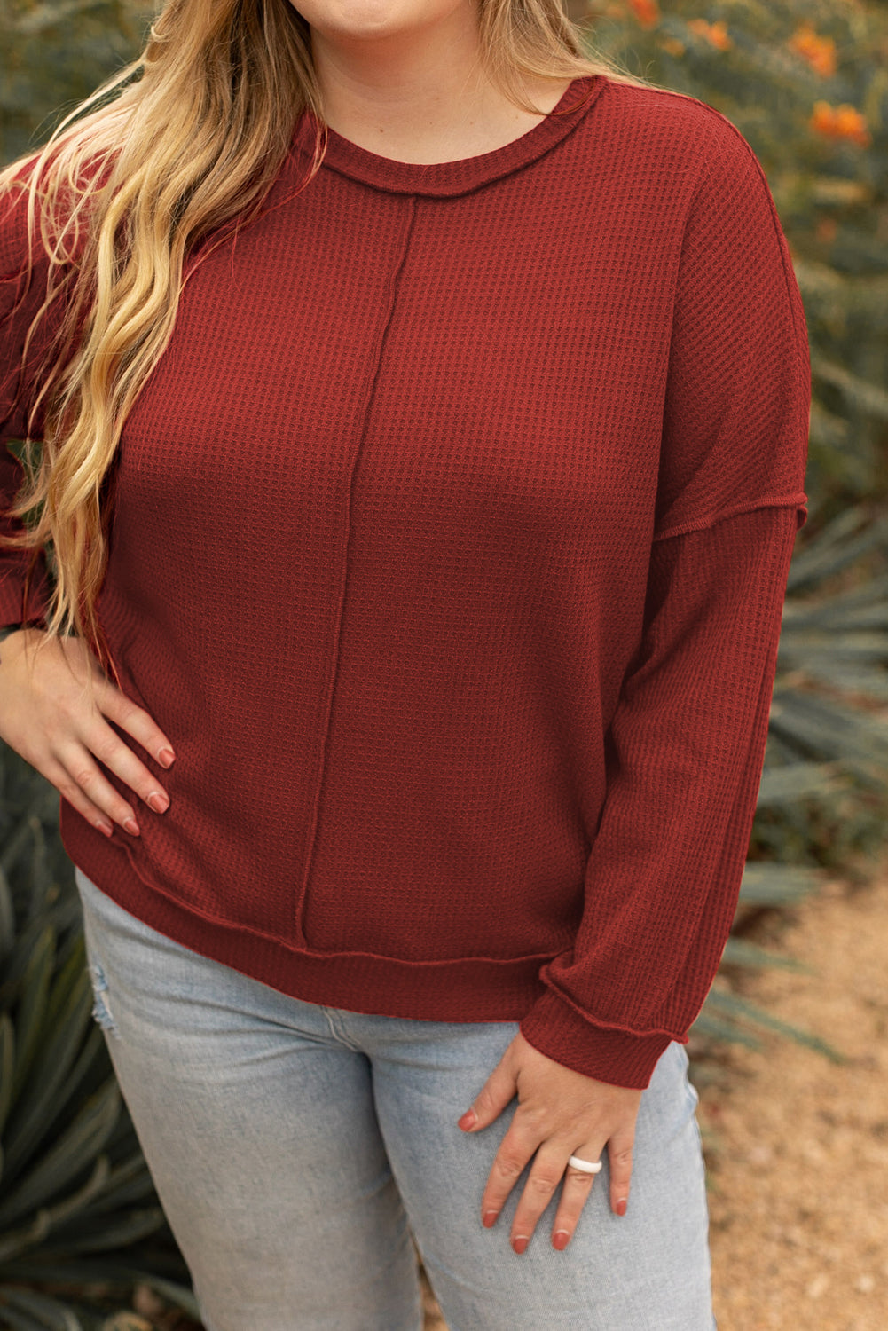 Flame Gold Plus Size Waffle Knit Top with Exposed Seam Detail