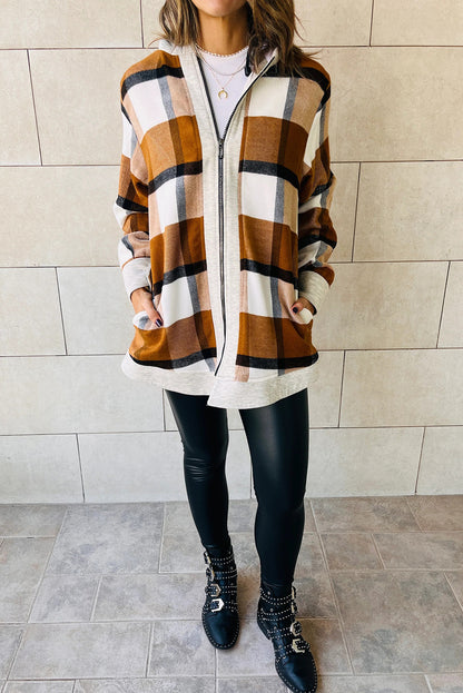 Brown Vintage Plaid Contrast Trim Hooded Zip Up Jacket