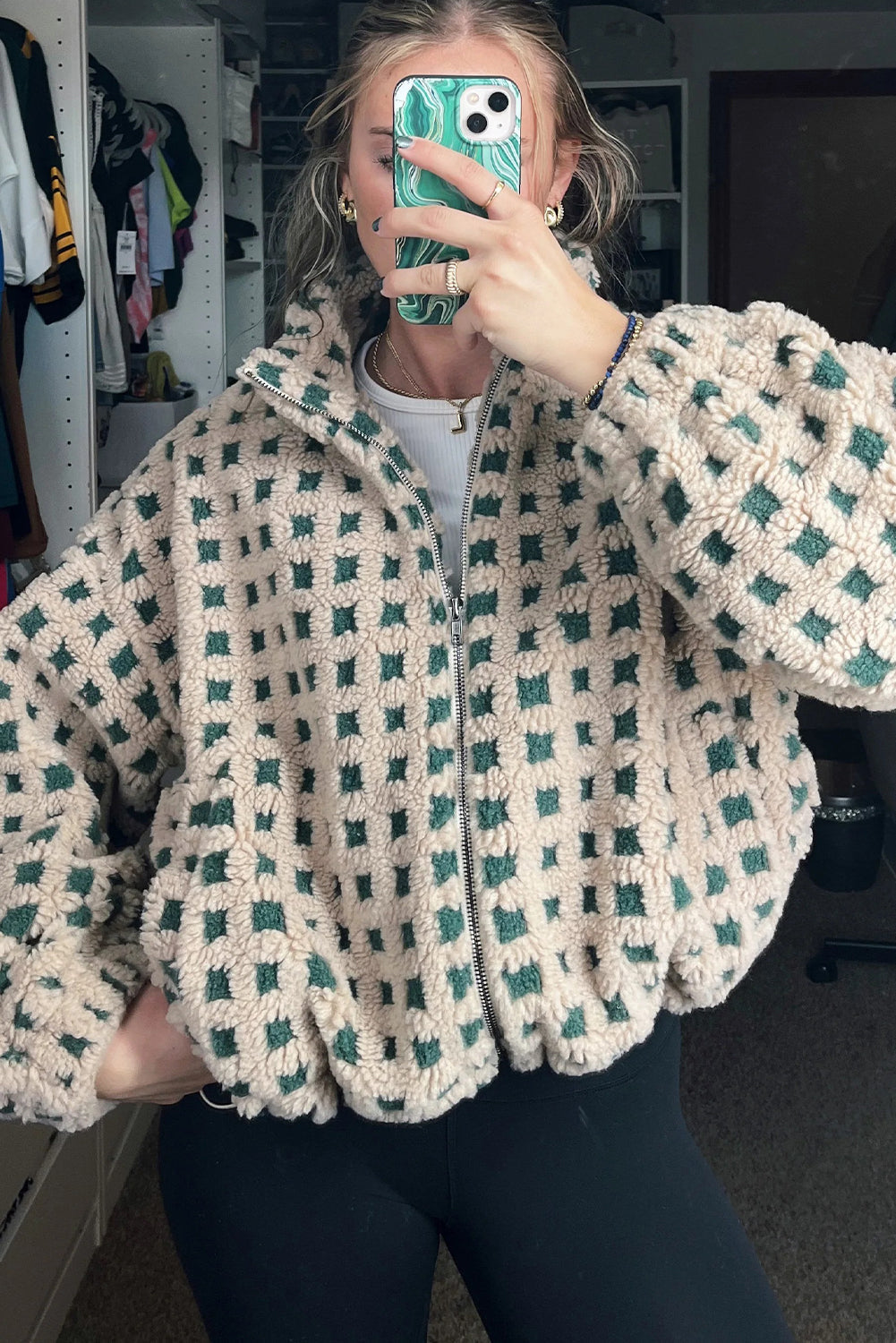 Green Plush Plaid Zip Up Cozy Winter Coat