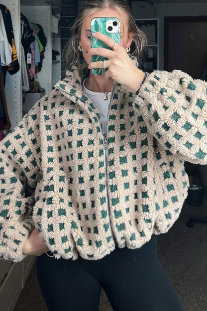 Green Plush Plaid Zip Up Cozy Winter Coat