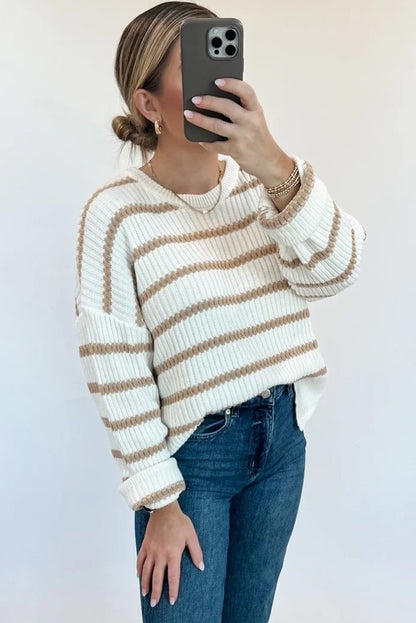 Khaki Stripe Ribbed Knit Drop Shoulder Loose Sweater