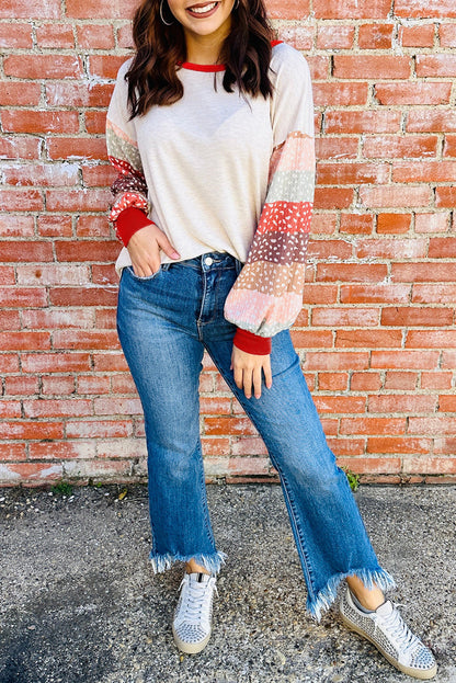 Jet Stream Contrast Leopard Color Block Sleeve Loose Pullover