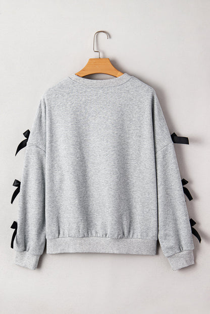 Merry Christmas Letter Graphic Ribbon Bow Split Sleeve Baggy Sweatshirt