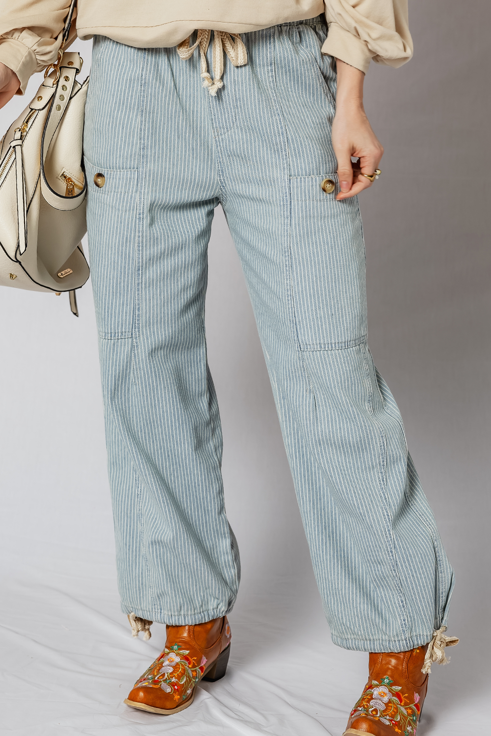 Beau Blue Striped Denim Button Patched Large Pocket Drawstring Jeans