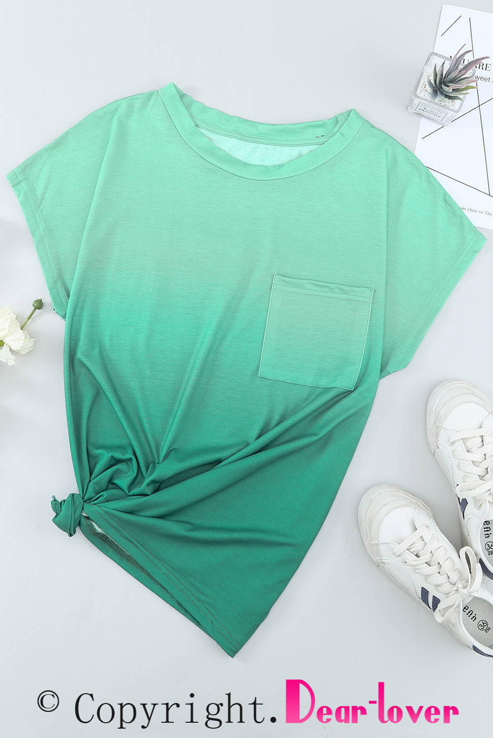 Green Striped Short Sleeve T-Shirt with Pocket and Gradient Color Detail