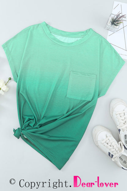 Green Striped Short Sleeve T-Shirt with Pocket and Gradient Color Detail