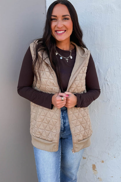 Parchment Quilted Texture Zip Up Hooded Vest