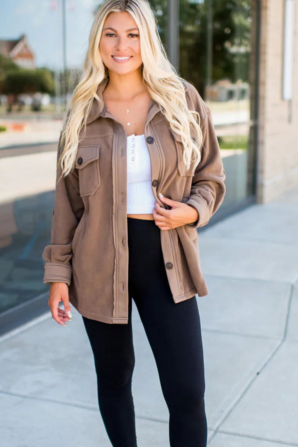 Dark Khaki Solid Color Exposed Seam Patchwork Button Down Fleece Shacket