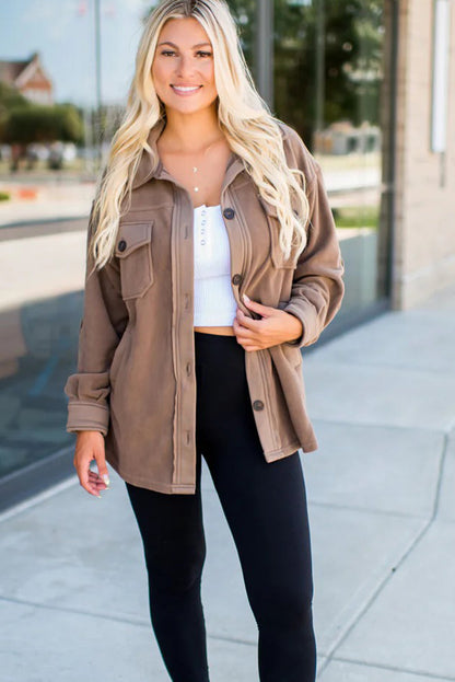 Dark Khaki Solid Color Exposed Seam Patchwork Button Down Fleece Shacket